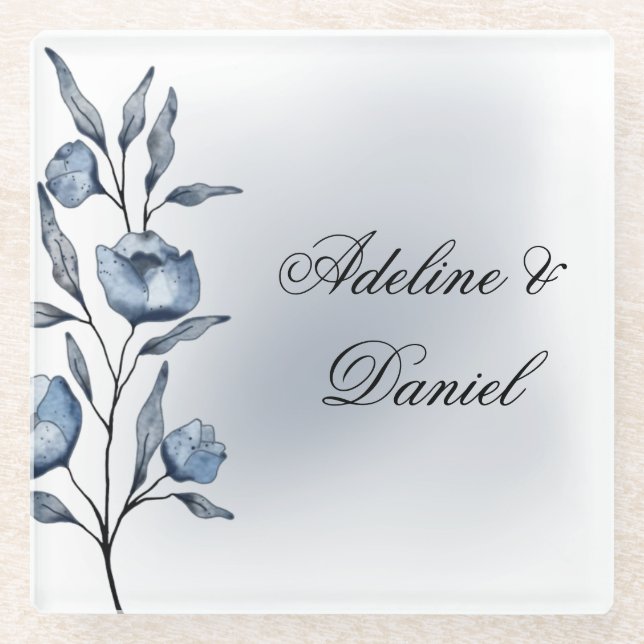 Indigo Romance Wedding Glass Coasters (Front)