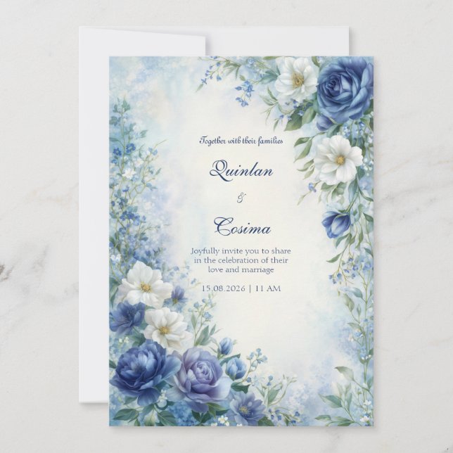 Indigo Rose Misty Watercolor Border Wedding Invitation (Front)