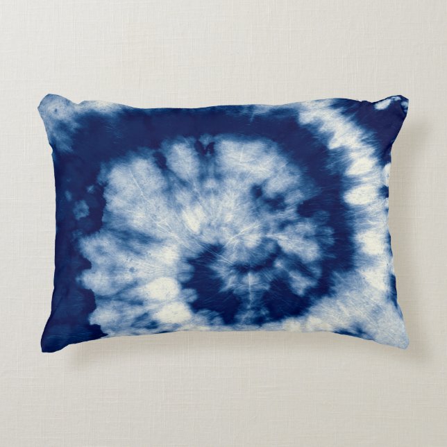 Indigo Round. Bohemian Tie Dye. Blue Roll Psychede Accent Pillow (Front)