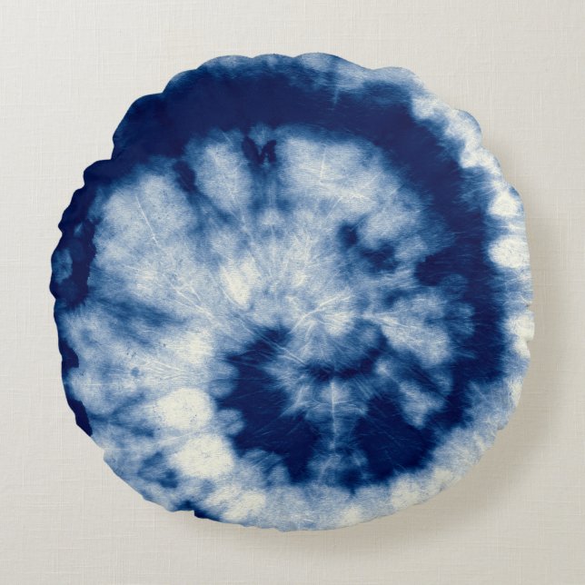Indigo Round. Bohemian Tie Dye. Blue Roll Psychede Round Pillow (Front)