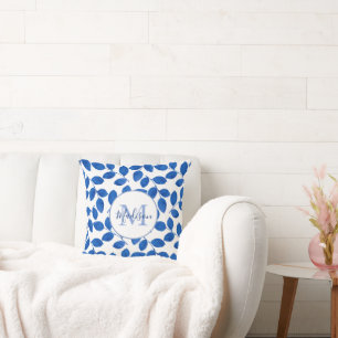 Indigo Royal Blue Watercolor Leaves Pattern Throw Pillow