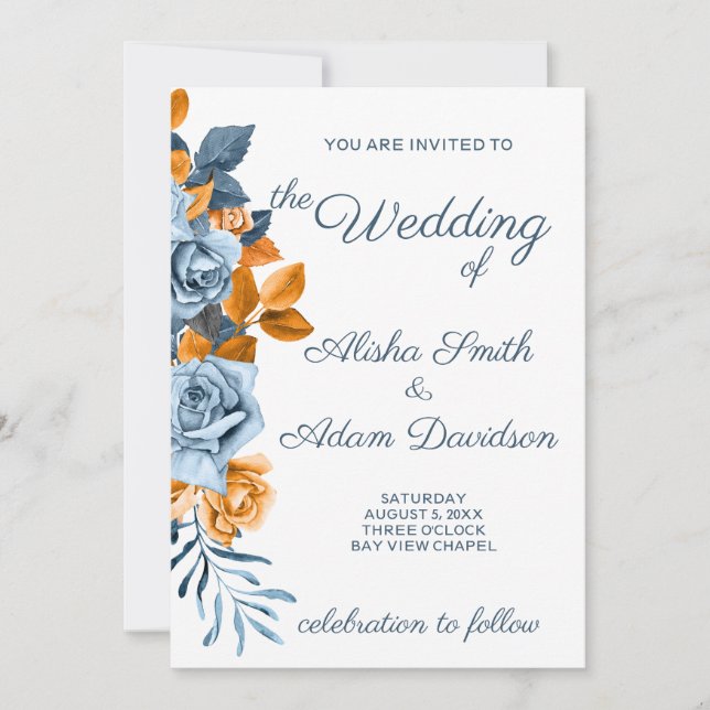 Indigo & Rust Boho Rose Floral Wedding Invitation (Front)