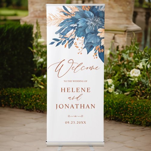 Indigo Rust Floral Elegant Modern Boho Wedding Retractable Banner