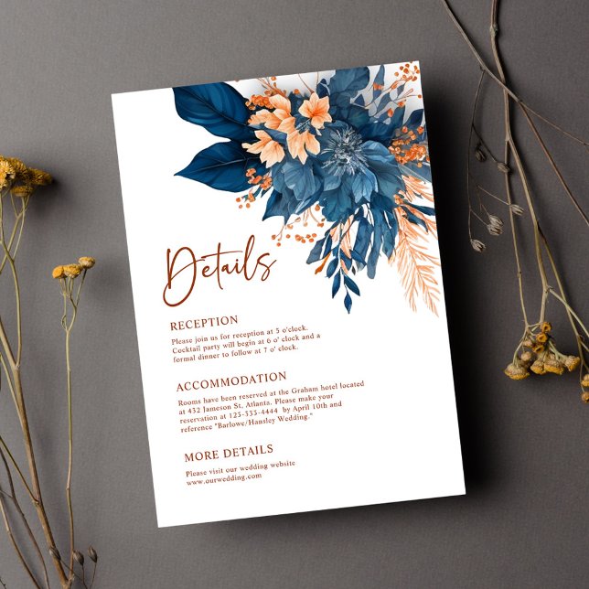 Indigo Rust Floral Wedding Details Enclosure Card (Indigo Rust Floral Wedding Details Enclosure Card)