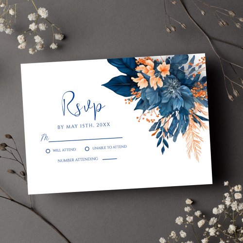 Indigo Rust Modern Floral Wedding RSVP Card