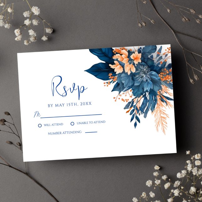 Indigo Rust Modern Floral Wedding RSVP Card (Indigo Rust Modern Floral Wedding RSVP Card)