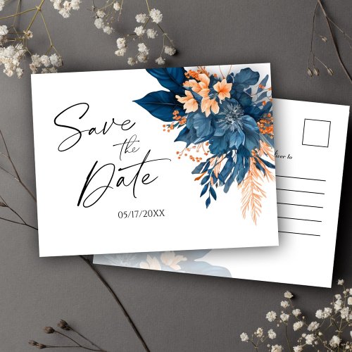 Indigo Rust Modern Floral Wedding Save The Date Announcement Postcard