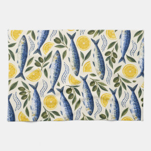 Indigo Sardines and Lemon Slices Kitchen Towel