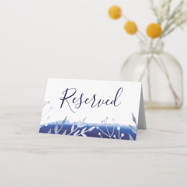 Indigo Silver Floral Wedding Name Place Card (Front)