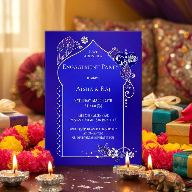 Indigo Silver Henna Mehndi Engagement Invitation (Engagement party invitation in indigo blue / deep purple with a silver henna mehndi inspired design)