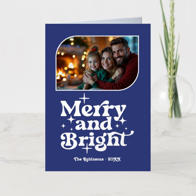 Indigo & Silver Merry and Bright Photo Christmas Foil Holiday Card (Front)