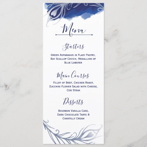 Indigo Silver Peacock Floral Wedding Menu Card