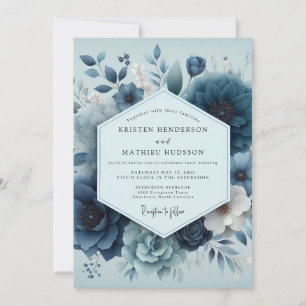Indigo Slate Blue Floral Wedding Invitation
