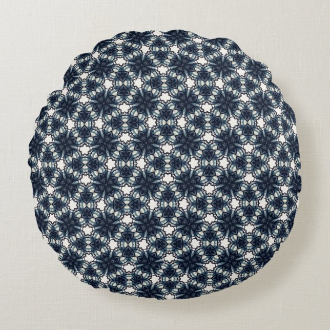 Indigo Snowflower Lattice Round Pillow (Front)