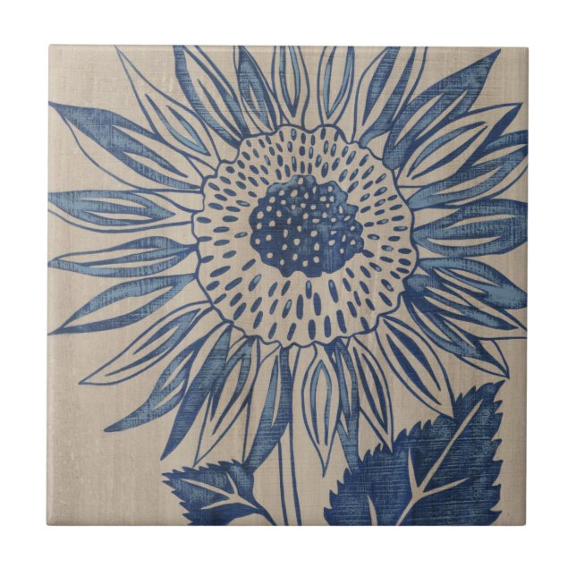 Indigo Sunflower Ceramic Tile (Front)