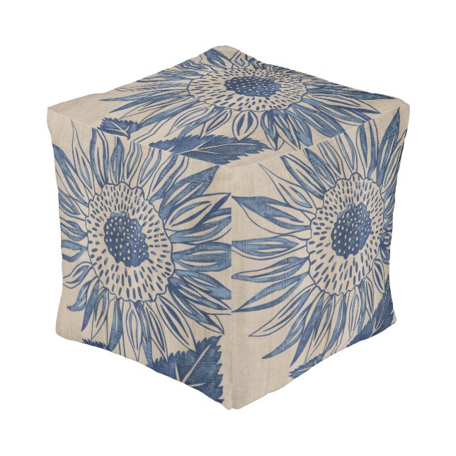 Indigo Sunflower Pouf (Angled Front)