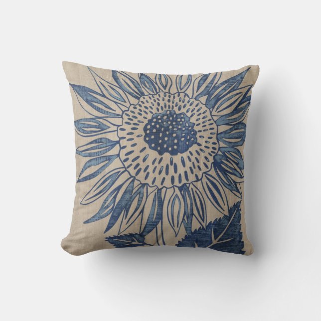 Indigo Sunflower Throw Pillow (Front)