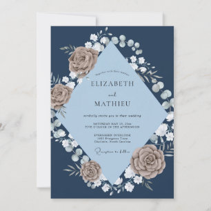 Indigo Taupe Rose Wedding Invitation