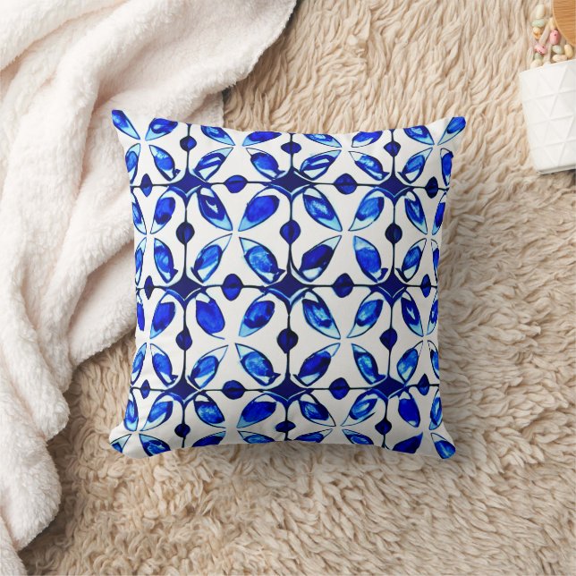 Indigo Tiles Abstract Floral Pattern Throw Pillow (Blanket)