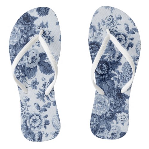 Indigo Tone Black  White Vintage Floral Toile Flip Flops