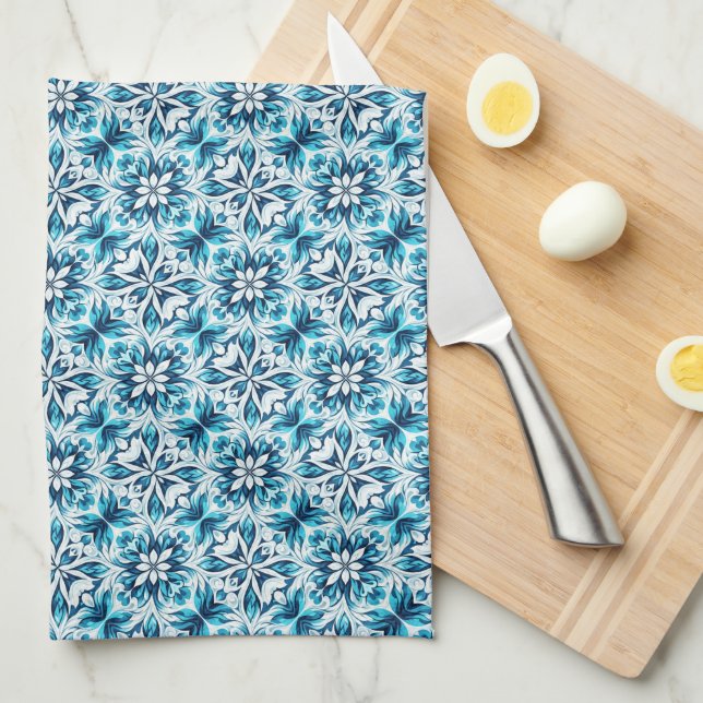 Indigo, Turquoise, Sky Blue & White Damask Floral  Kitchen Towel (Quarter Fold)