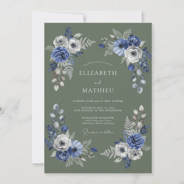 Indigo Verdant Botanical Flourish Wedding Invitation (Front)