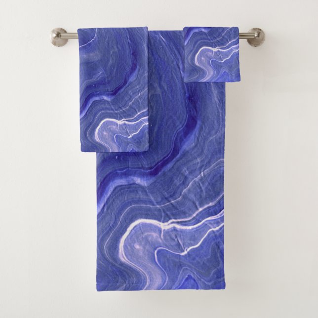 Indigo Violet Agate Marble Abstraction Bath Towel Set (Insitu)