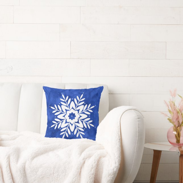 Indigo Watercolor Abstract Snowflake Throw Pillow (Couch)