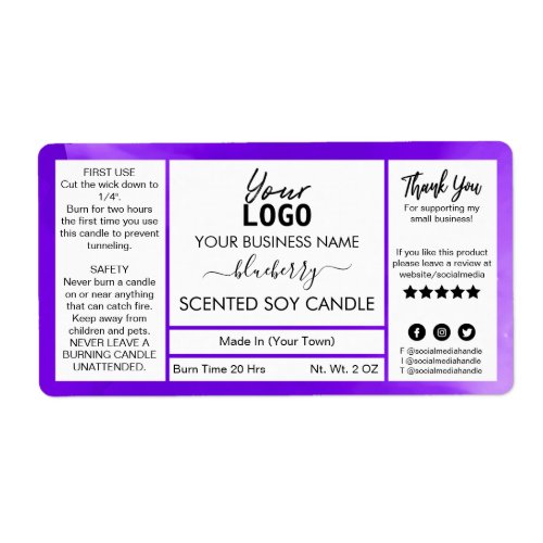 Indigo Watercolor Blueberry Scented Soy Candle Label