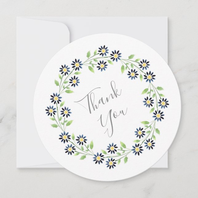Indigo Watercolor Daisies Wreath   Thank You Card (Front)