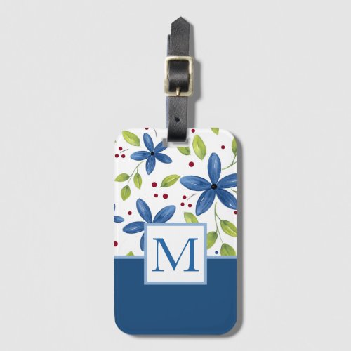 Indigo Watercolor Floral Bouquet Pattern Luggage Tag