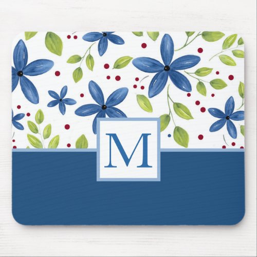 Indigo Watercolor Floral Bouquet Pattern Mouse Pad