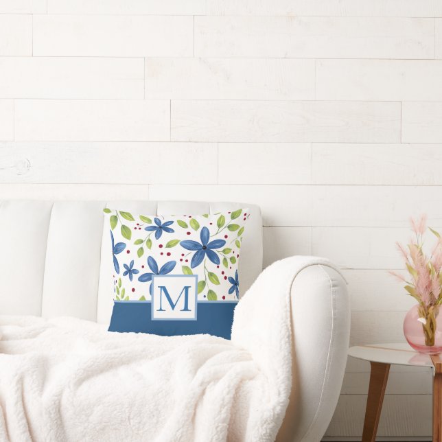 Indigo Watercolor Floral Bouquet Pattern Throw Pillow (Couch)