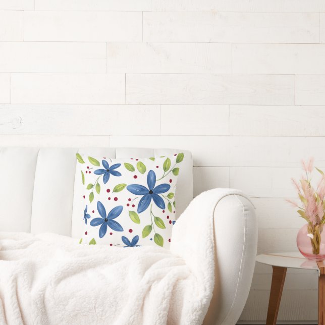 Indigo Watercolor Floral Bouquet Pattern Throw Pillow (Couch)