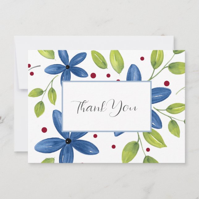 Indigo Watercolor Floral Bouquet Thank You Card (Front)
