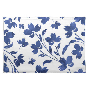 Indigo Watercolor Flower Stems Cloth Placemat