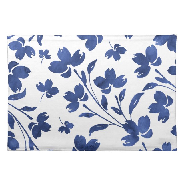 Indigo Watercolor Flower Stems  Cloth Placemat (Front)