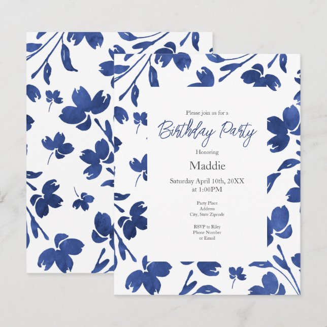 Indigo Watercolor Flower Stems  Invitation (Front/Back)