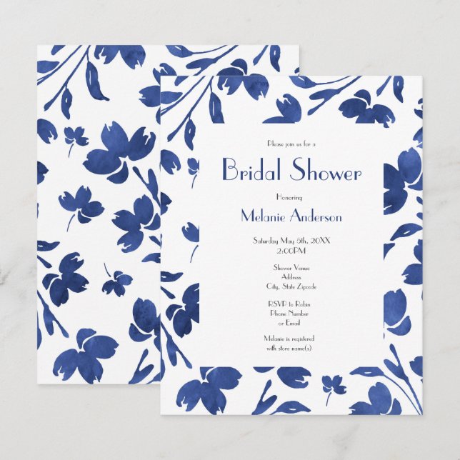 Indigo Watercolor Flower Stems  Invitation (Front/Back)