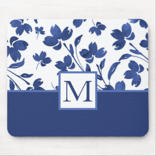 Indigo Watercolor Flower Stems Mouse Pad