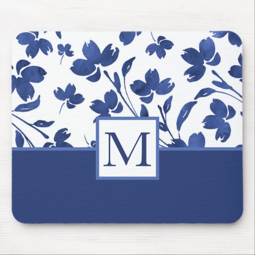 Indigo Watercolor Flower Stems Mouse Pad