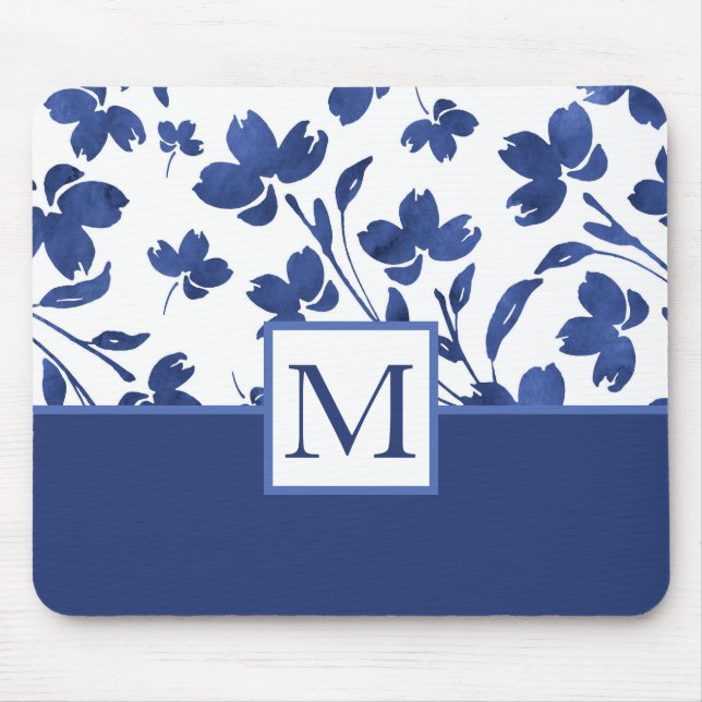 Indigo Watercolor Flower Stems Mouse Pad (Front)