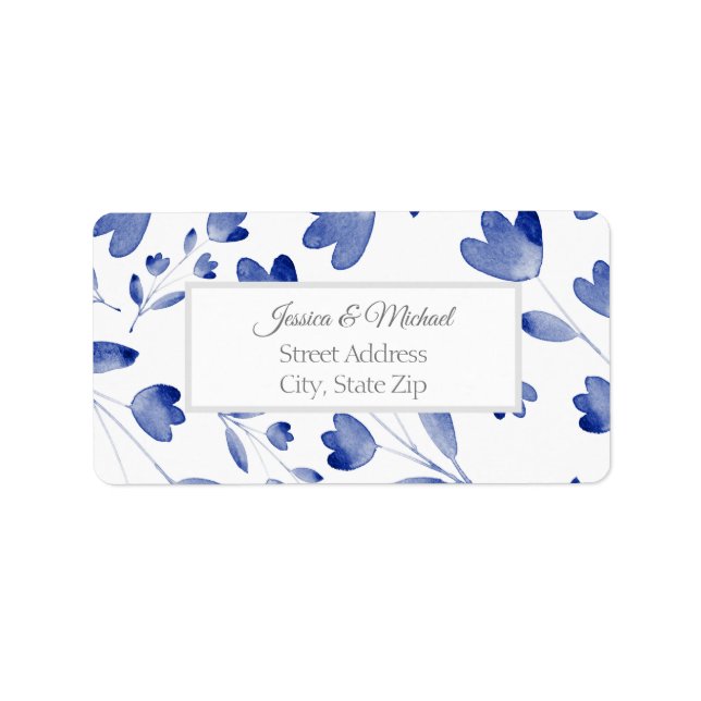 Indigo Watercolor Flower Stems Pattern Label (Front)