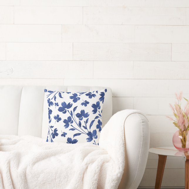 Indigo Watercolor Flower Stems Throw Pillow (Couch)