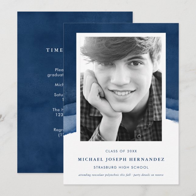 Indigo Watercolor Graduation Photo Announcement (Front/Back)