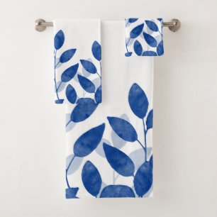 Indigo Watercolor Leaves Bath Towel Set