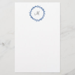 Indigo Watercolor Leaves Wreath Stationery