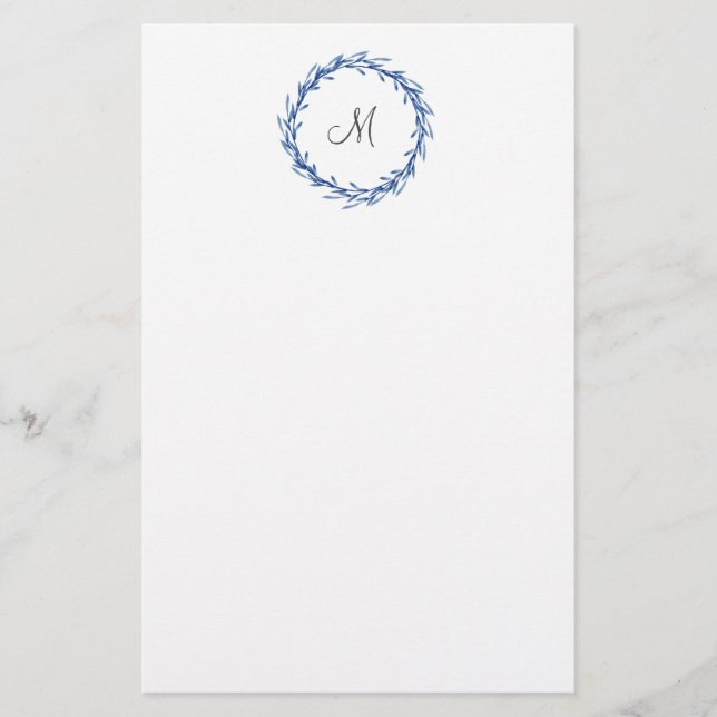Indigo Watercolor Leaves Wreath Stationery (Front)