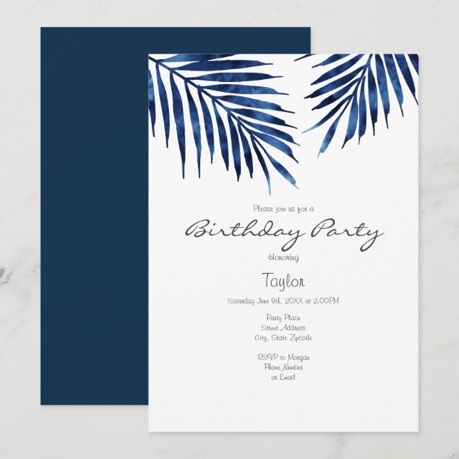 Indigo Watercolor Palm Fronds Invitation (Front/Back)