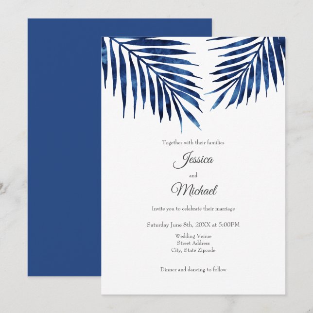 Indigo Watercolor Palm Fronds  Invitation (Front/Back)